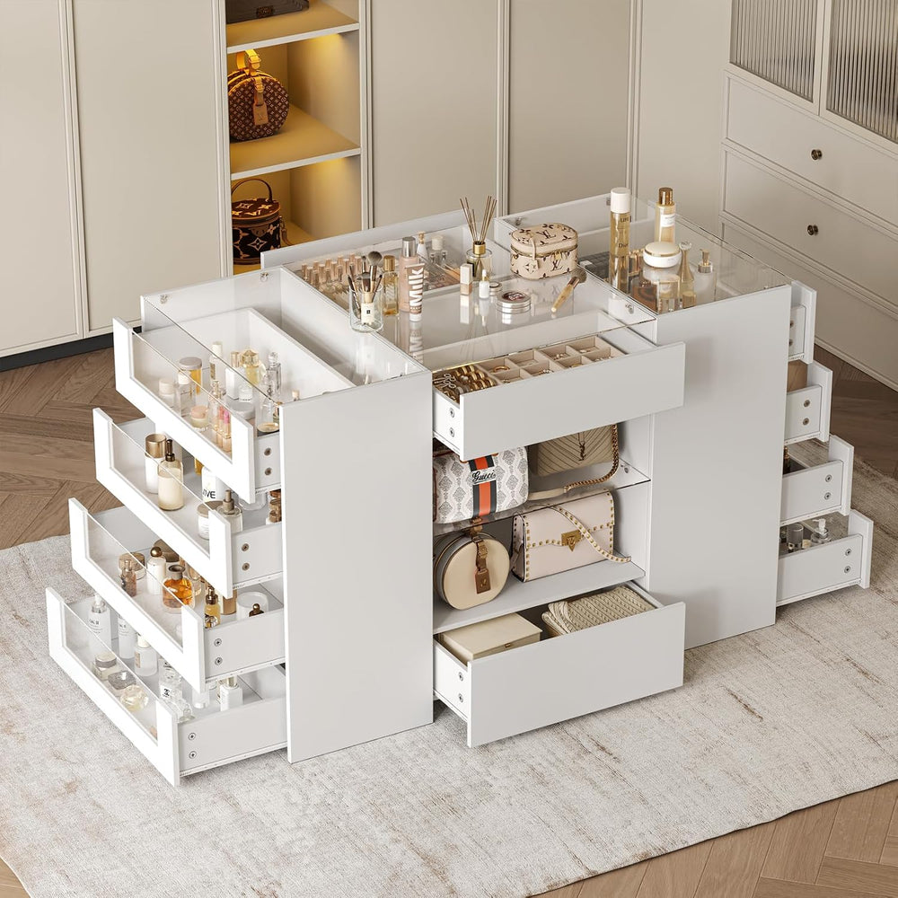 LIVAUVEAD Closet Island with 12 Drawers, Glass Top & Display Shelves, White