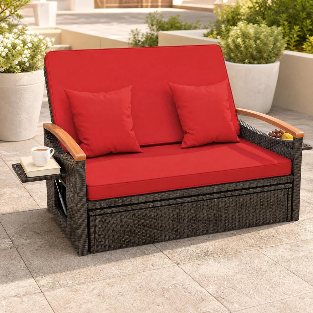 COSTWAY Patio Rattan Daybed, Outdoor Loveseat Sofa with Storage Ottoman