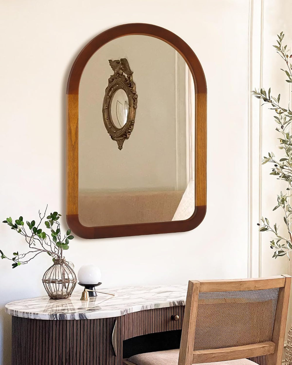 Arched Mirror 24 x 36 Inch,Brown Wood Rustic Bathroom Wall Walnut Mirror