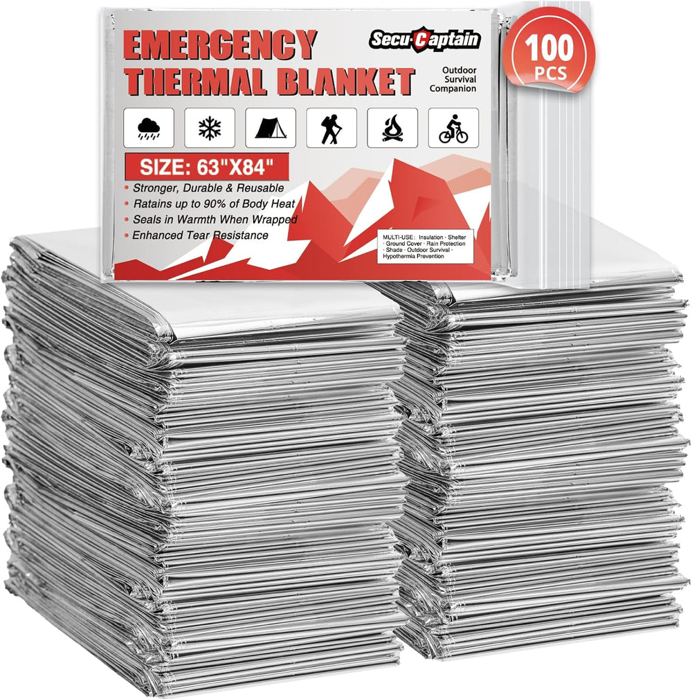 SecuCaptain Survival Emergency Thermal Blankets: 100 Pack Extra Large 84” x63...