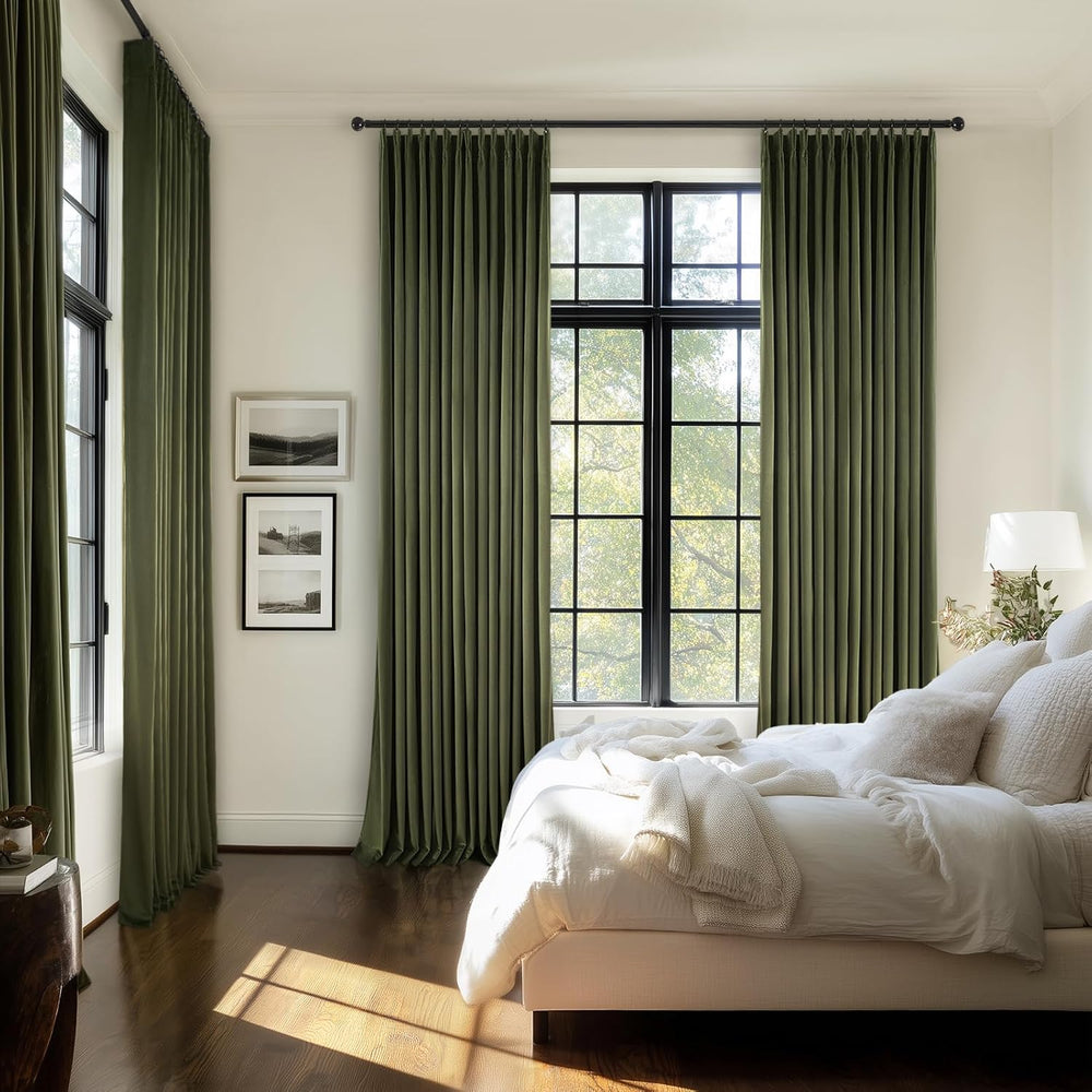 Olive Green Velvet Blackout Curtains 84 Inches 2 Panels Forest Green Elegant ...