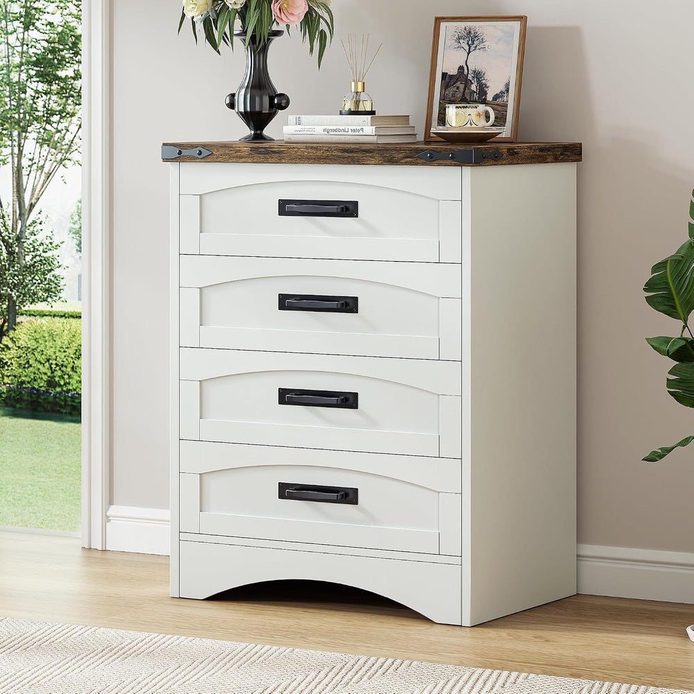 Decofy Farmhouse 4 Drawers Dresser for Bedroom, Pure White + Walnut
