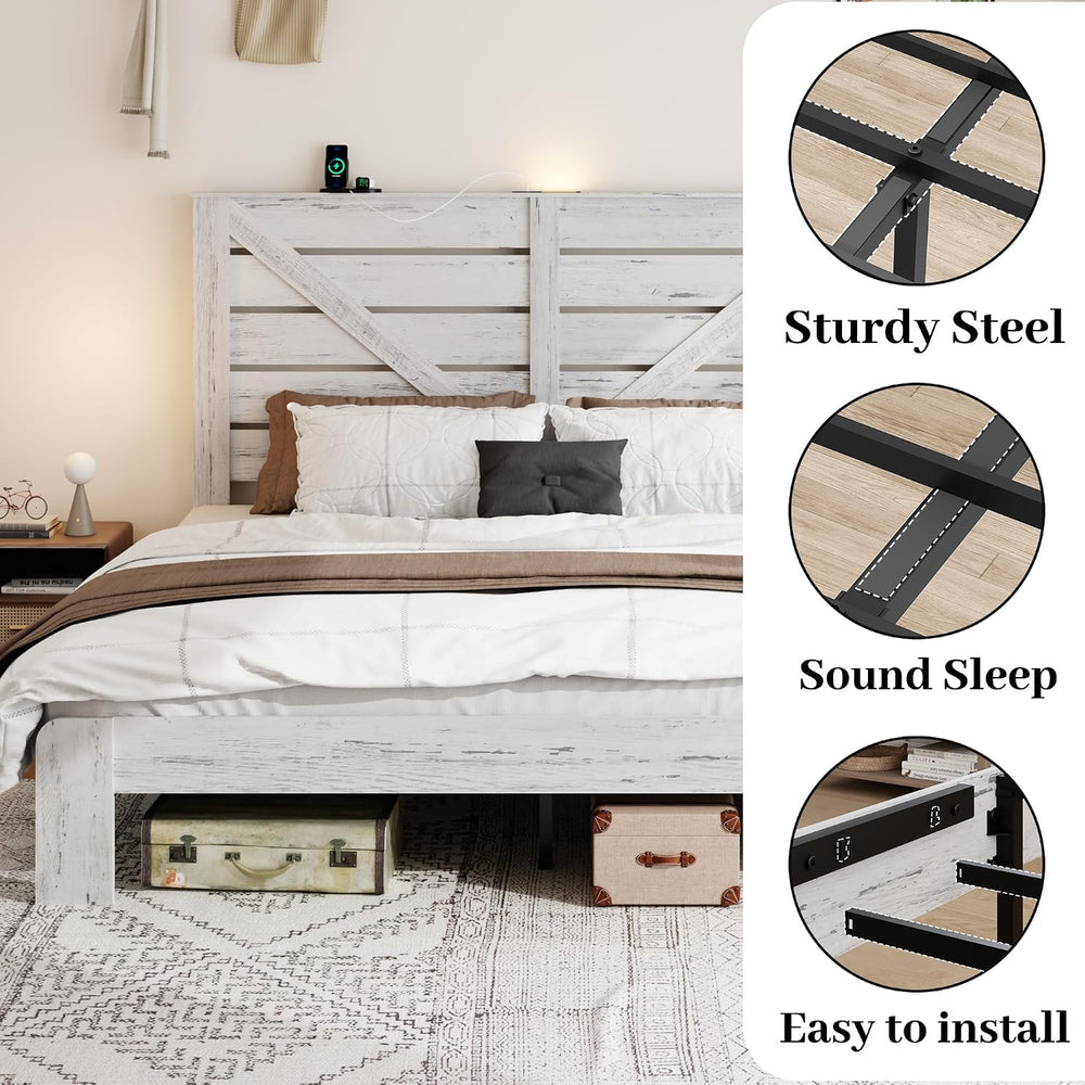 Full Farmhouse Bed Frame with Headboard, LED Lights, USB Charging