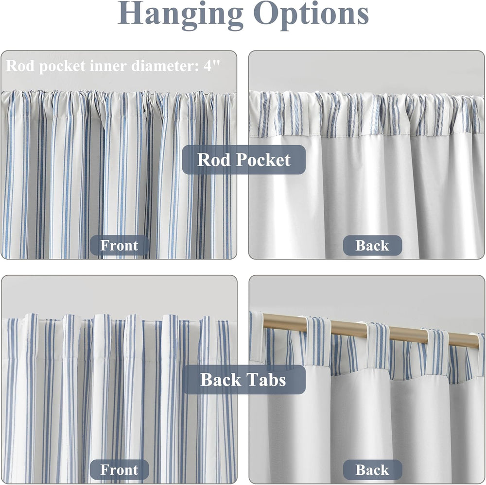 ZJDECOR 90 Inch Blue Striped Full Blackout Curtain Panels for Bedroom