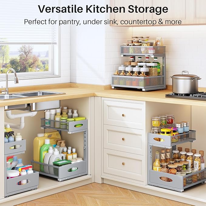 Under Sink Organizer, 2 Tier Pull Out Under Cabinet Organizer Shelf - Image 8