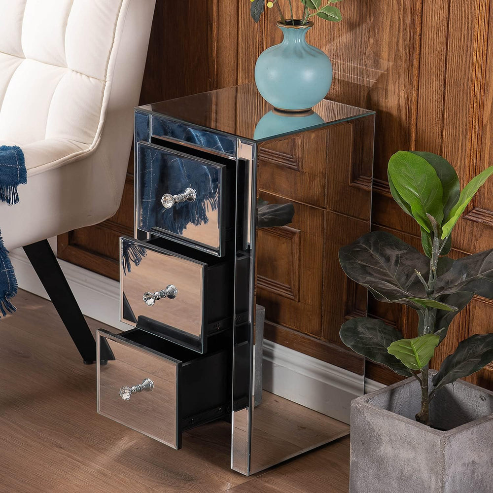 MELLCOM Mirrored Nightstand with 3 Drawers, Mirrored Beside Table for Bedroom...