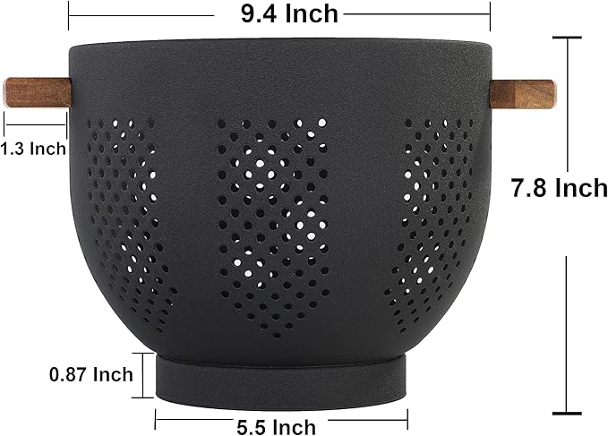 Metal Colander with Wood Handle and Stable Base, Powder Coated Steel Kitchen - Image 2