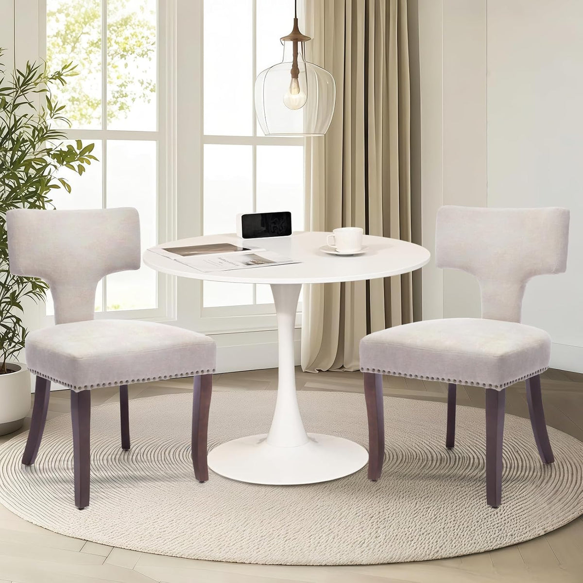3-Piece 31.5" Round Dining Table Set for 2 with Upholstered Chairs – Space-Saving Modern Small Kitchen Cafe Bistro Set(T-Back Beige Linen Chair)
