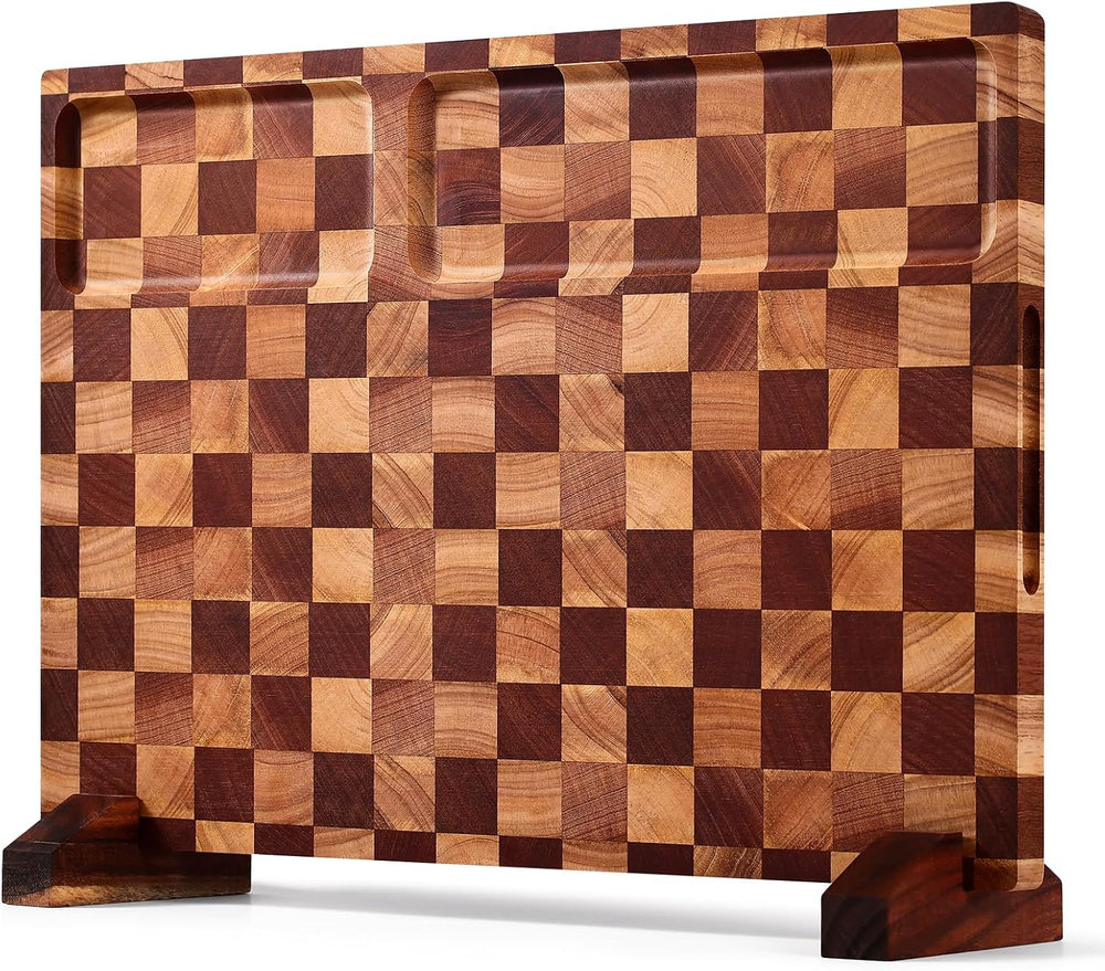 Checkered Cutting Board with Stand, Dual-Sided Wood Cutting Board with Juice