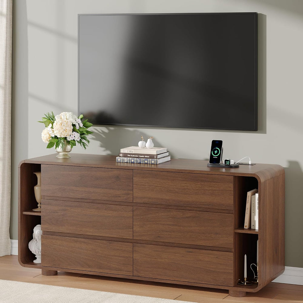 Whalefall 63 Inch 6 Drawer Dresser with Shelves, Rounded Corner, Walnut