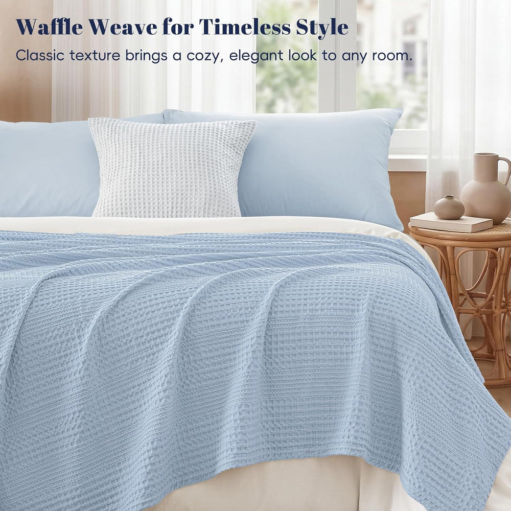 PHF Lightweight Waffle Weave Blanket King for Bed Sky Blue 104"x90"