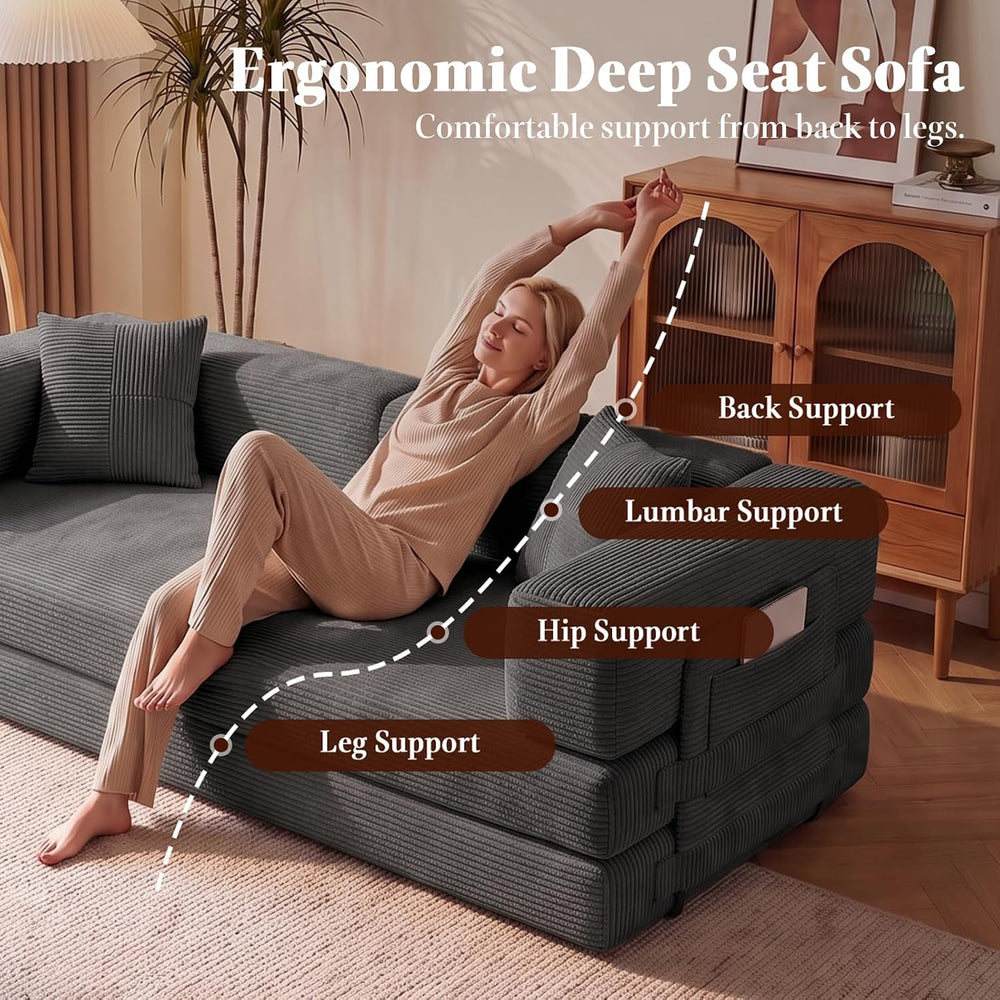 79.5" Convertible Floor Sofa Bed, 5-In-1 Corduroy Futon Couch, No Assembly
