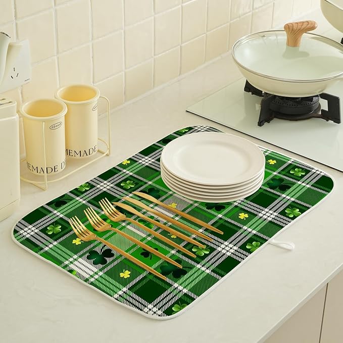 St. Patrick's Day Dish Drying Mat 18 x 24 Inch Green Buffalo Plaid Shamrock - Image 2