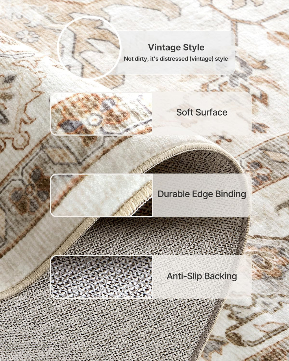Amada 5x7 Washable Area Rug for Living Room, Beige, Vintage Pattern
