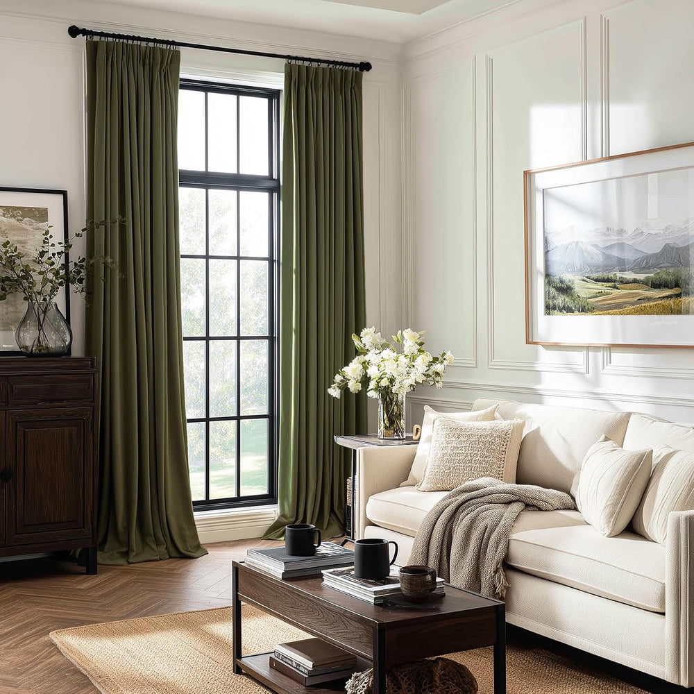 Olive Green Velvet Blackout Curtains 84 Inches 2 Panels Forest Green Elegant ...