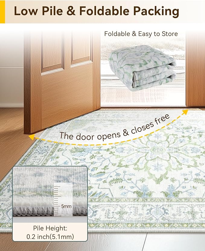 Area Rugs Round 8ft Washable Non-Slip, Floral Vintage Distress Print Pattern - Image 4