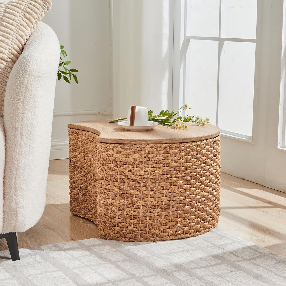 Round Nesting Coffee Table Set of 2 with Storage - Handwoven Wicker Rattan Ot...