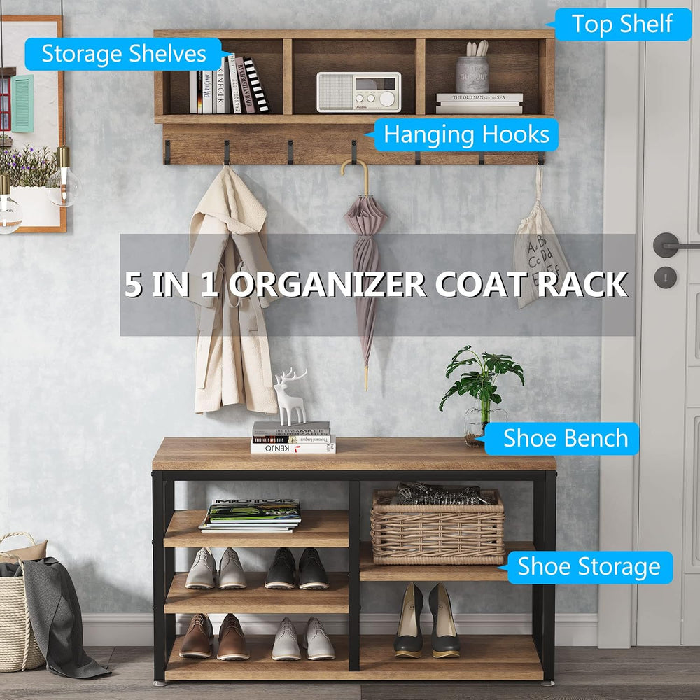 Tribesigns Coat Rack Set, Hall Tree, Industrial Shoe Bench, 3 Storage Cubbies...