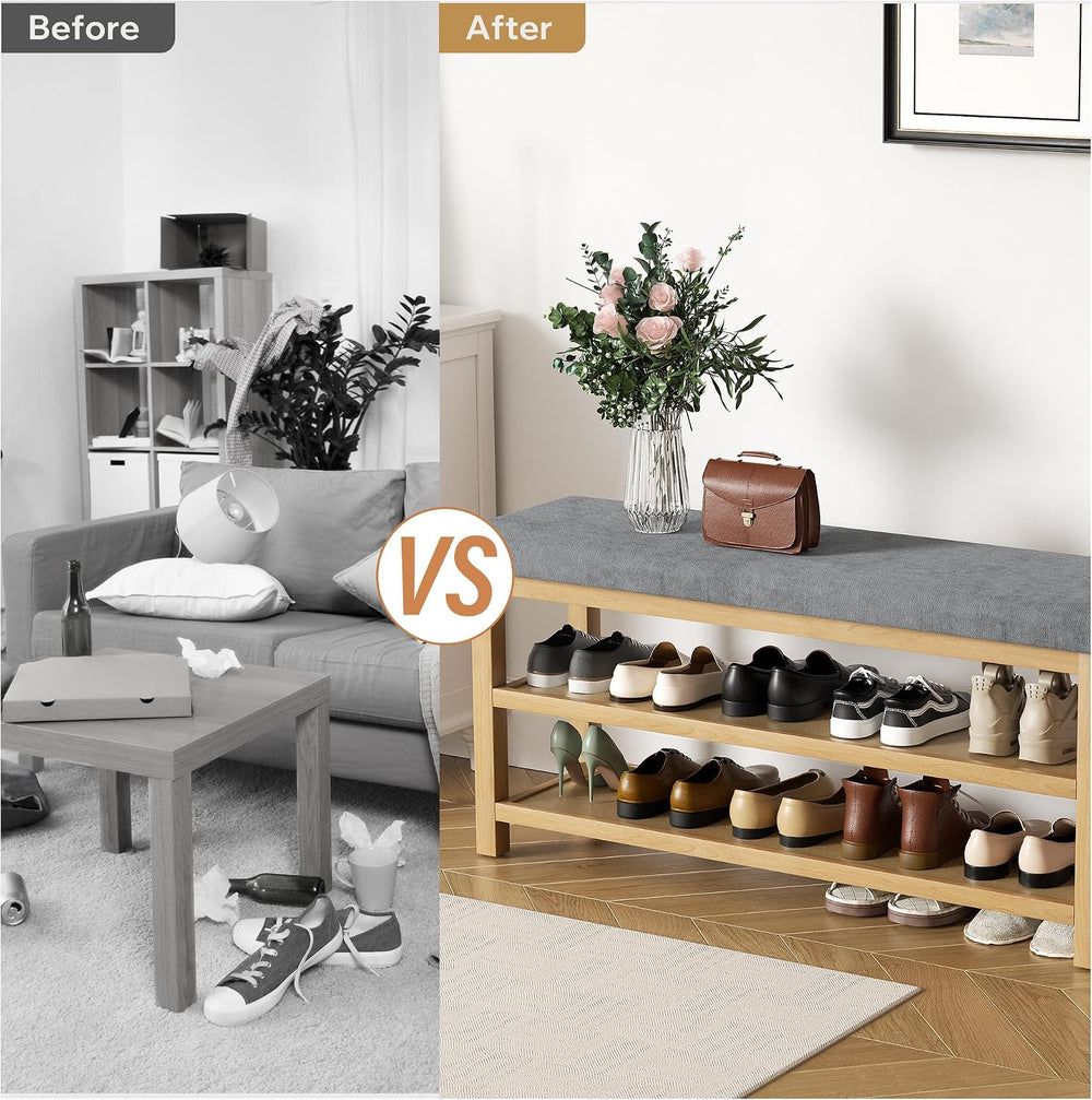 2 Tier Shoe Rack Bench with Cushion, Rubberwood Shoe Benches, Mid-Century Mod...