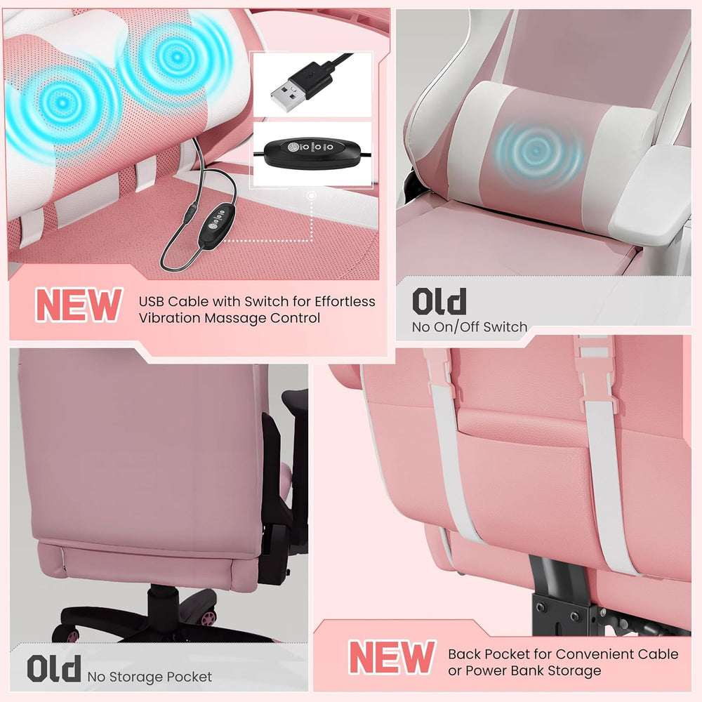 Yaheetech Gaming Chair with Footrest Massage Lumbar Pillow Pink and White