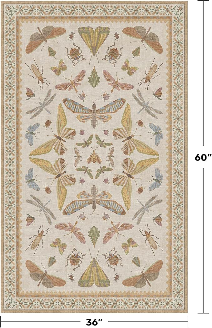 Hazo Haus 3x5 Washable Non-Slip Bathroom Rug, Colorful Insect Rug - Image 2