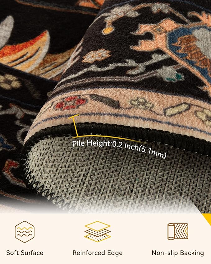 Area Rugs 4ft Washable Non-Slip, Floral Vintage Distress Print Pattern - Image 4
