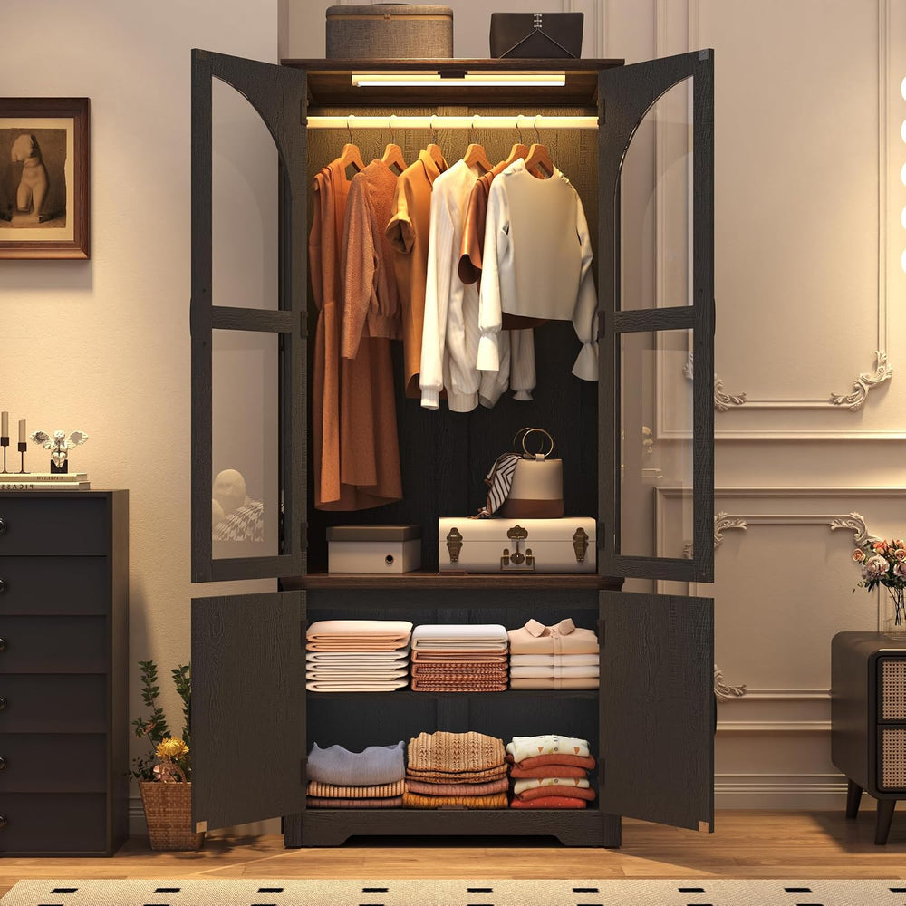 Tall Farmhouse 2 Doors Armoire Wardrobe Closet with LED ,72" Freestandin...