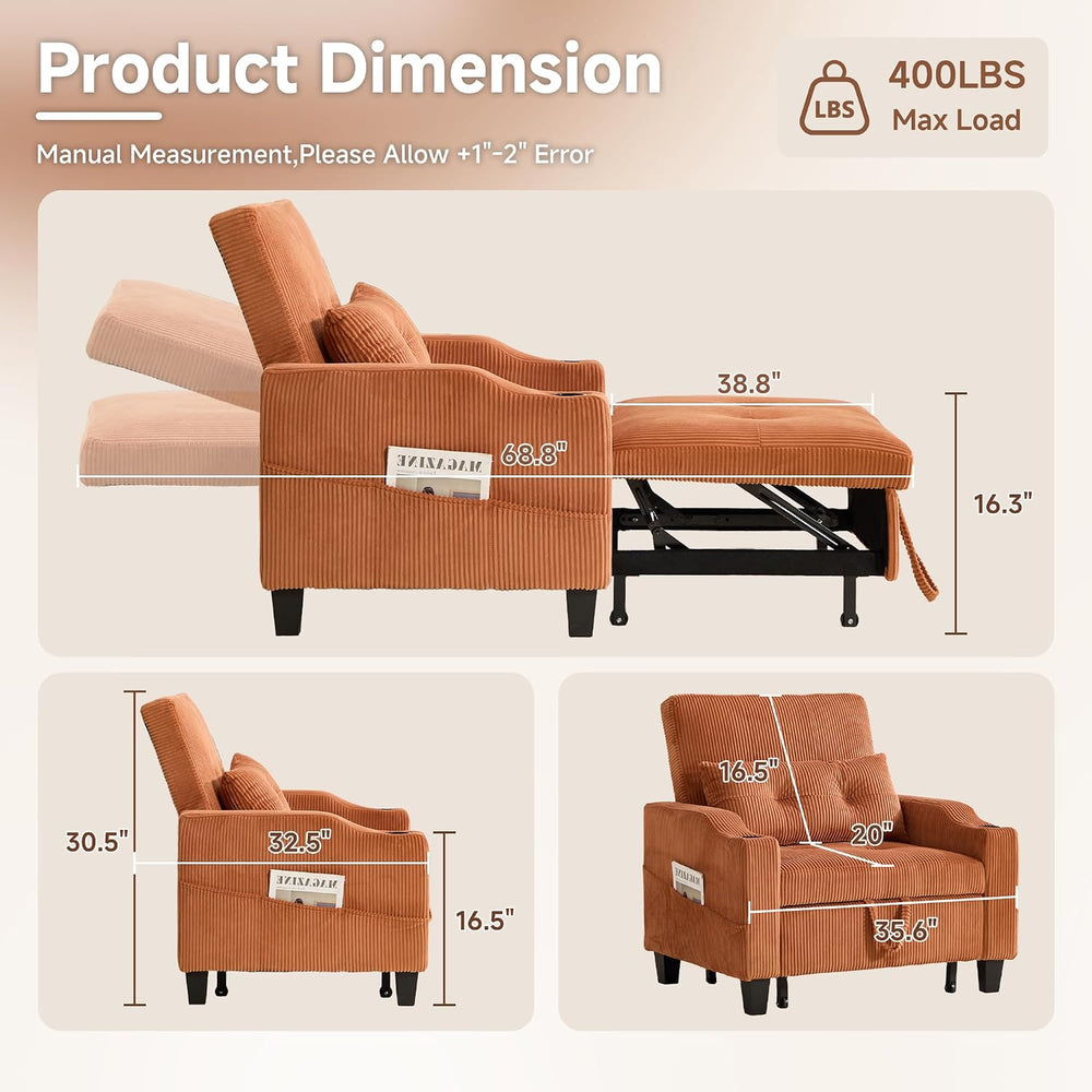 3 in 1 Convertible Sleeper Chair, Corduroy Single Sleeper Sofa Bed, Pull Out ...