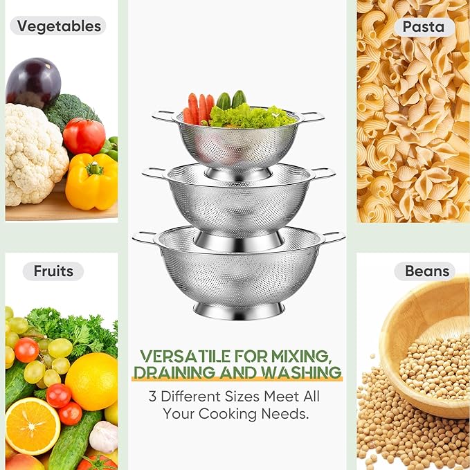Bokon 3 Pcs Stainless Steel Colander Set Colander Bowl and Sieves 1/3/5 Quart - Image 7