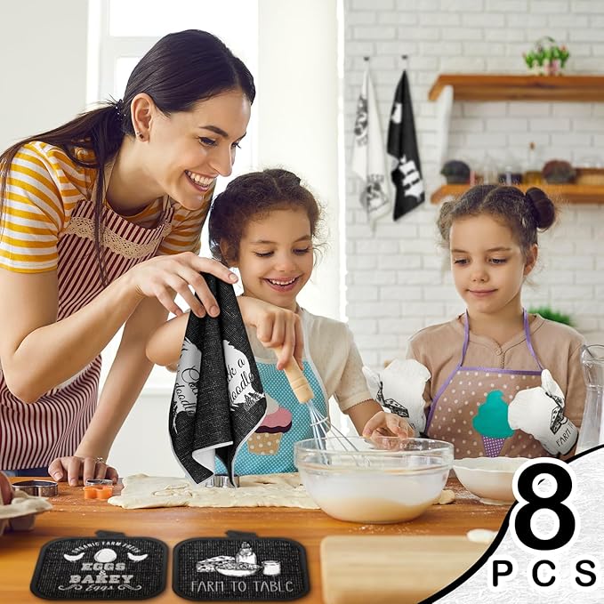 VitalCozy 8 Pcs Farm Animal Theme Kitchen Towels Pot Holders and Oven Mitt Set - Image 4