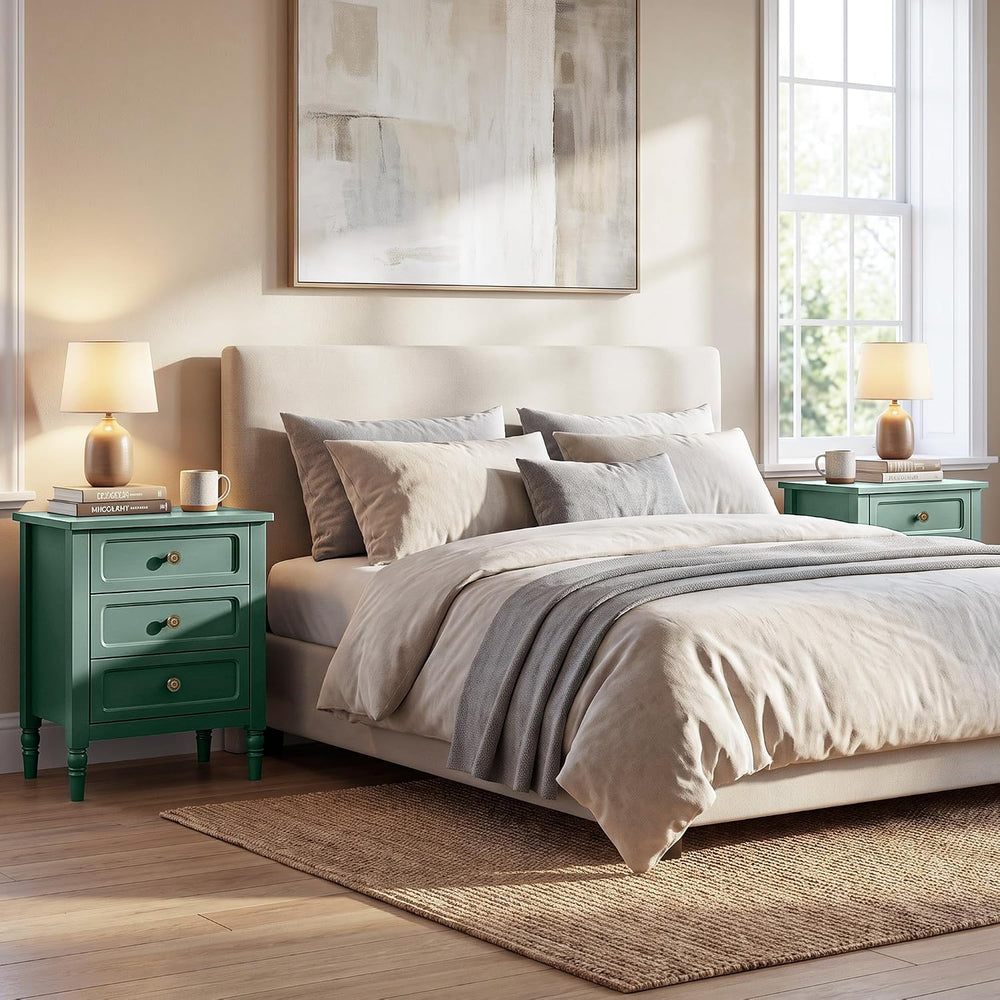RoyalCraft Nightstand with 3 Drawers, Green Wood Night Stand for Bedroom