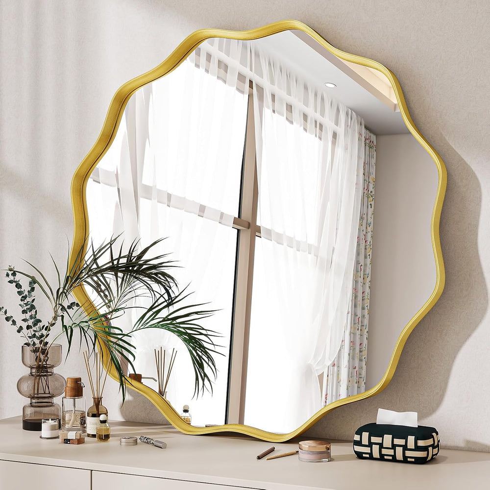 Wavy Round Mirror, 20" Scalloped Metal Frame Gold Circle Mirror
