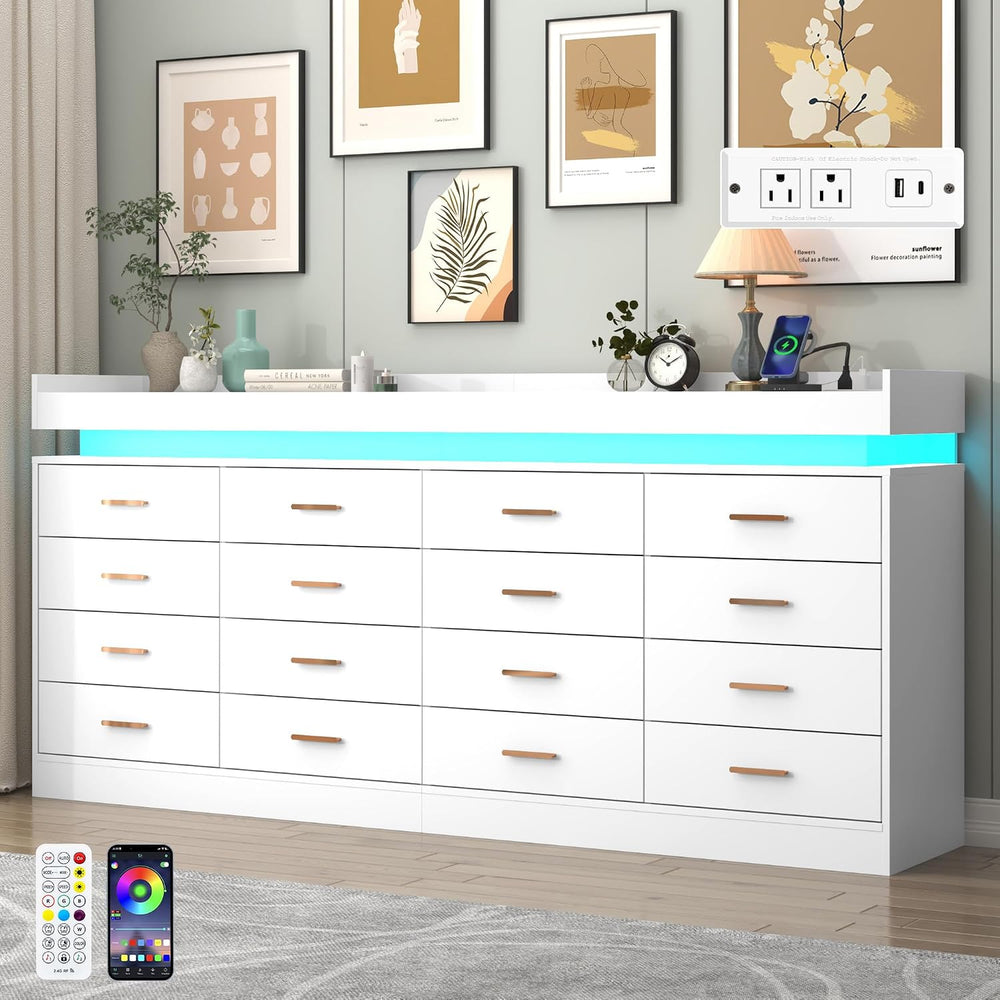 16 Drawer Dresser with LED Light and Charging Station, Modern Chest of Drawer...