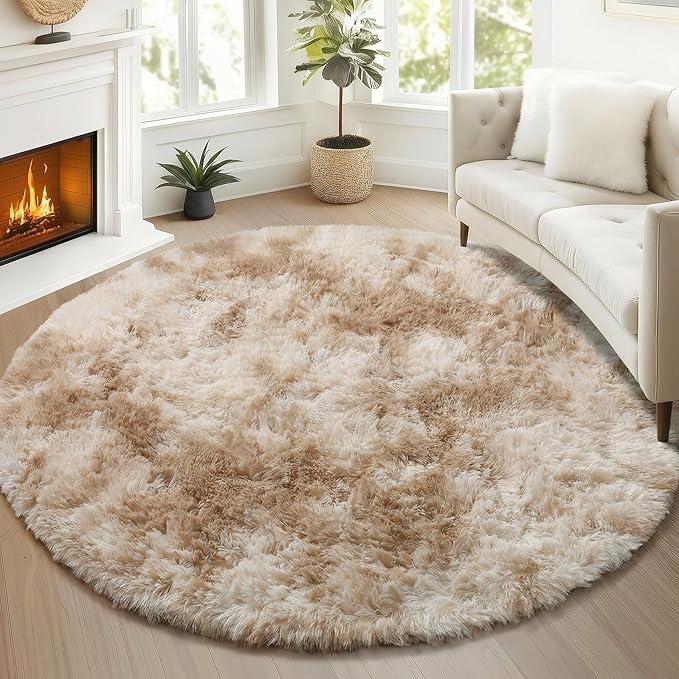 ONASAR Tie-Dye Beige Round Area Rug 4ft, Soft Bedroom Circle Rugs Floor Mats - Image 3