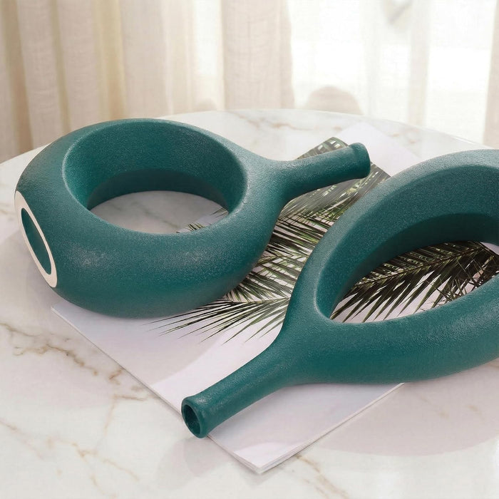 Green Ceramic Hollow Elliptical Vase Set of 2 - Boho Circle Vase with Hole, for Modern Green Table Decor, Living Room Decor Shelf mid Century Modern Home Entrance Decorative vase