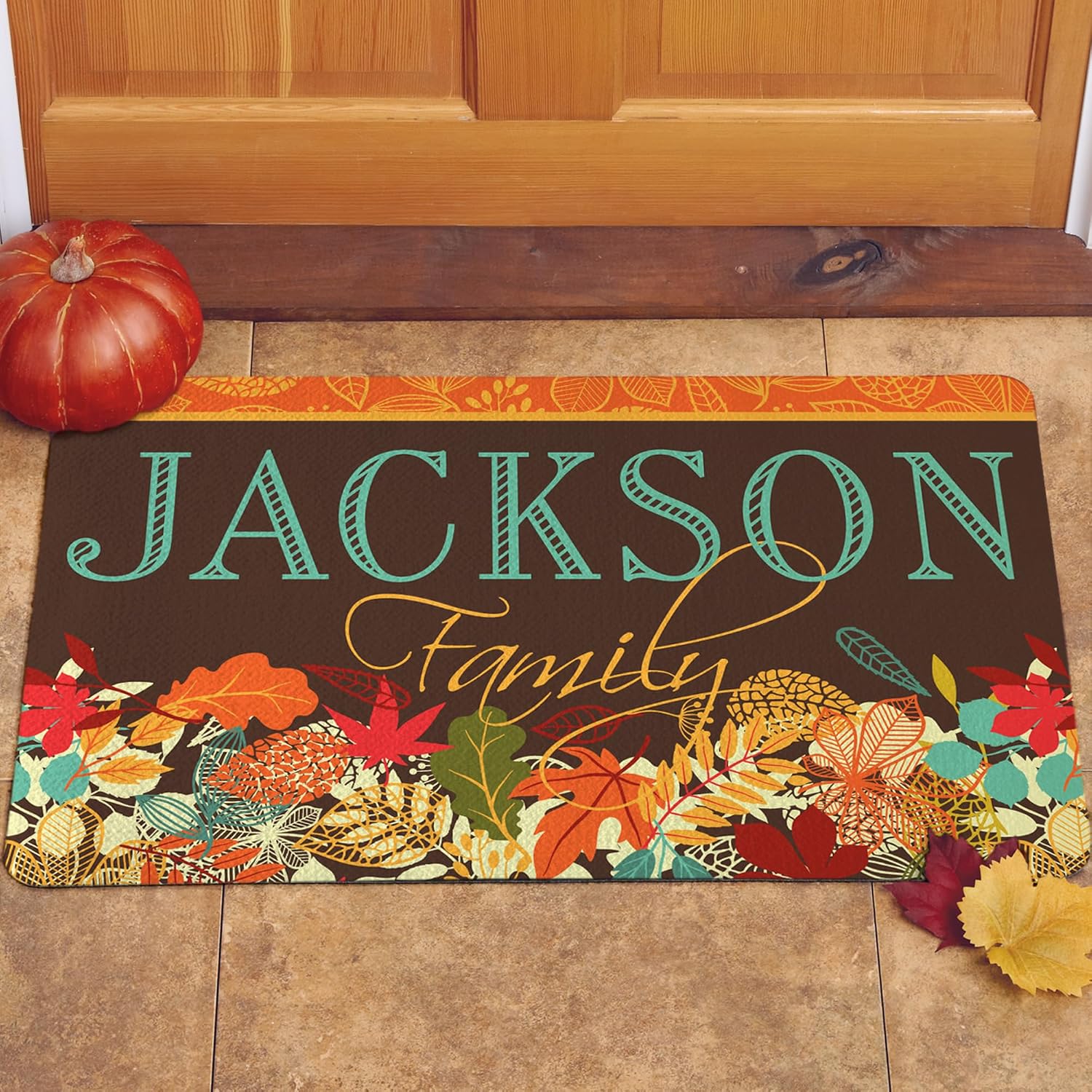 Let's Make Memories Personalized Doormat - Welcome Mat - Kitchen, Entrance Hall, Kids Room - Halloween Decor - Fall Foliage Design - 17x27 - with Optional Holder