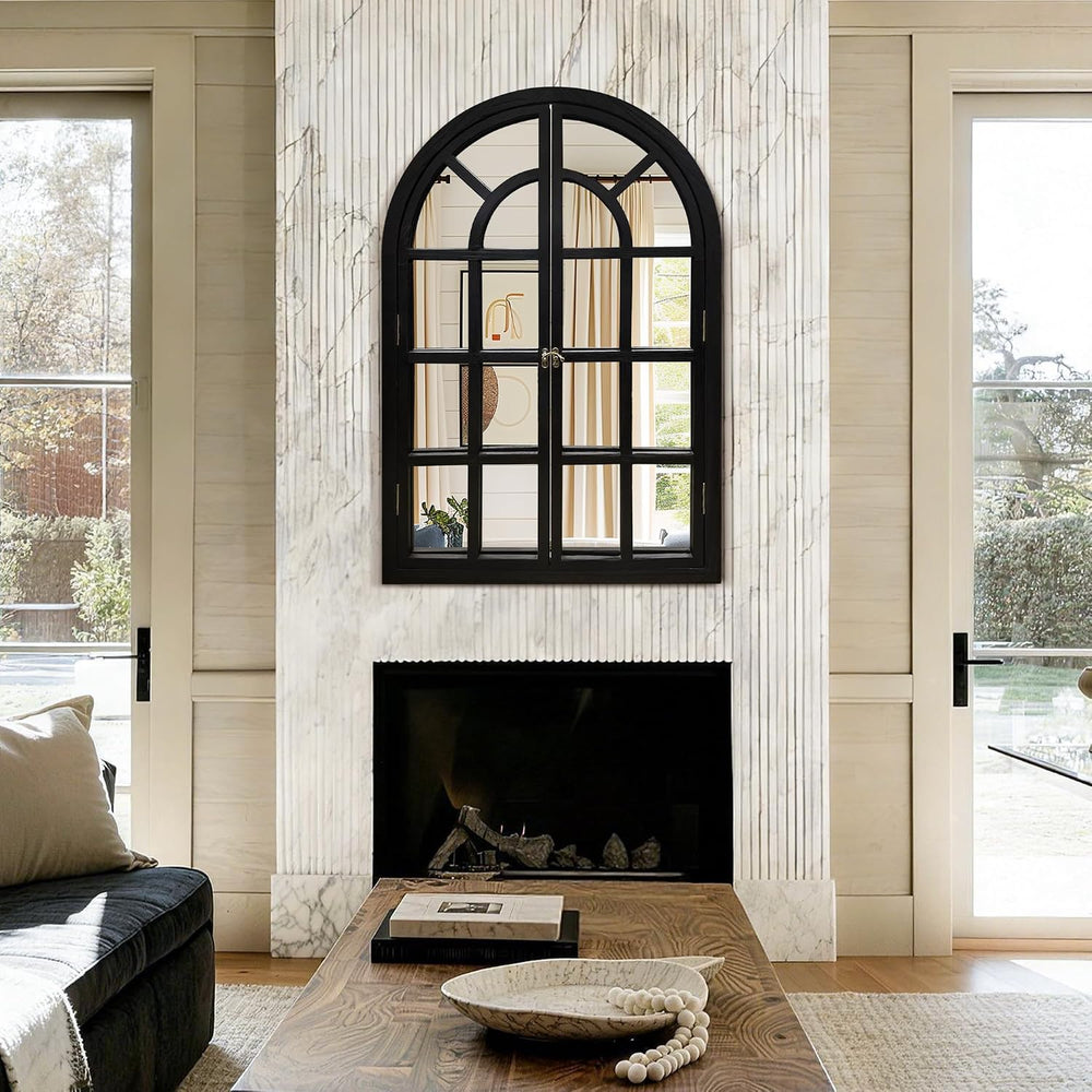 Arched Wall Mirror with Windowpane, 26"x38" Black Wood Mirror for Wall