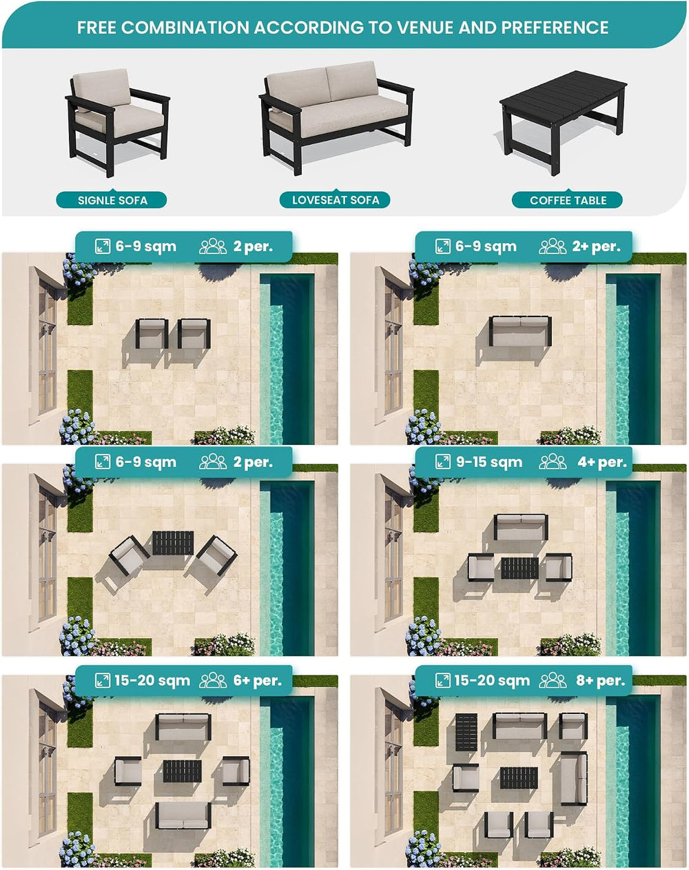 SERWALL HDPE Outdoor Loveseat with Cushion, Outdoor Sectional Furniture Set