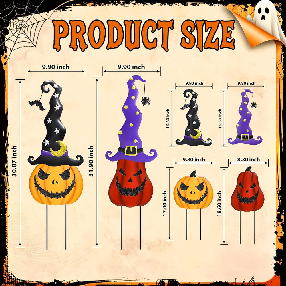Halloween Garden Stakes - 2 Pack Stacked Metal Pumpkins with Witch Hat
