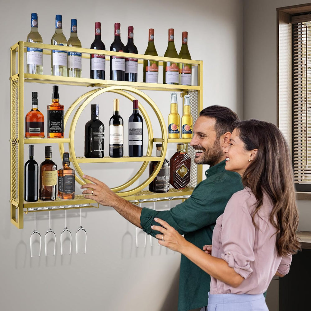 39in Wine Rack Wall Mounted, 3-Tier Metal Bar Shelves with Glass Holder | Mod...