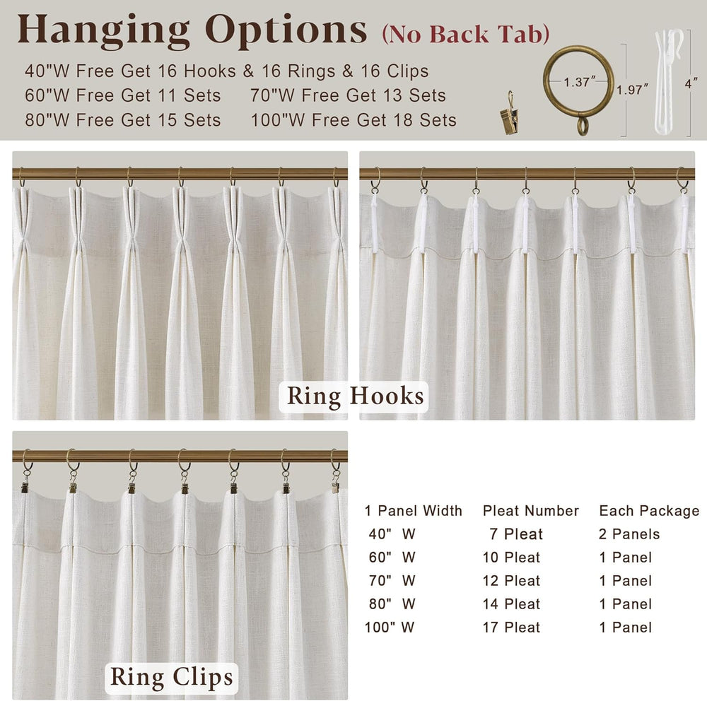 Triple Pinch Pleated Curtains for Living Room 90 Inch Linen Curtains 2 Panels...