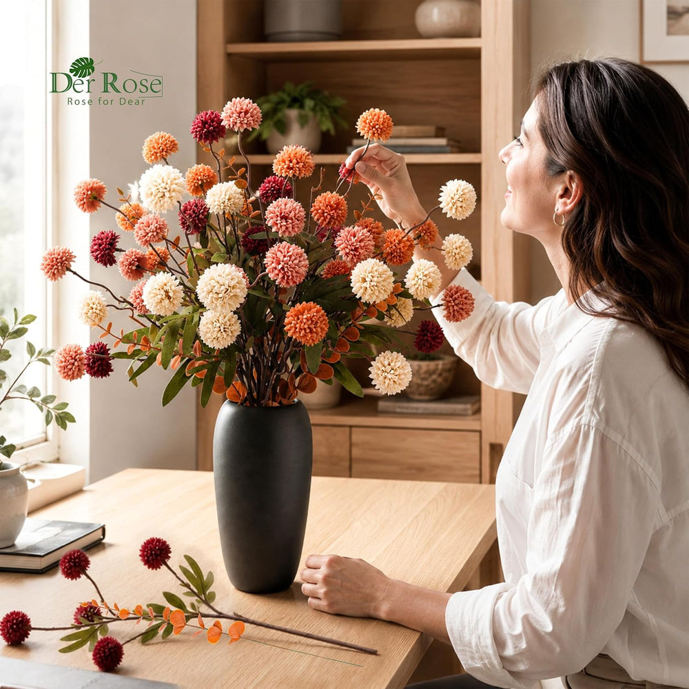 Der Rose Fall Artificial Flowers with Vase, 18 Pcs Silk Mums for Home Decor