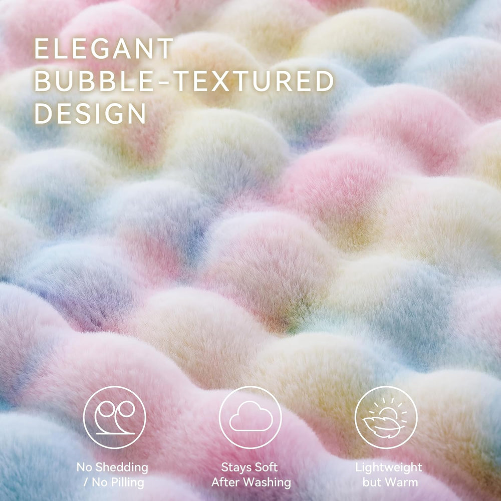 Faux Rabbit Fur Throw for Couch - Rainbow Bubble Blanket 50"x60"