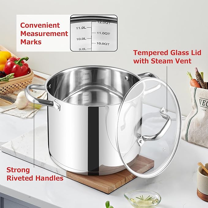 LIANYU 12 QT Stock Pot with Lid, 12 Quart Stainless Steel Large Tall Soup Pot - Image 5