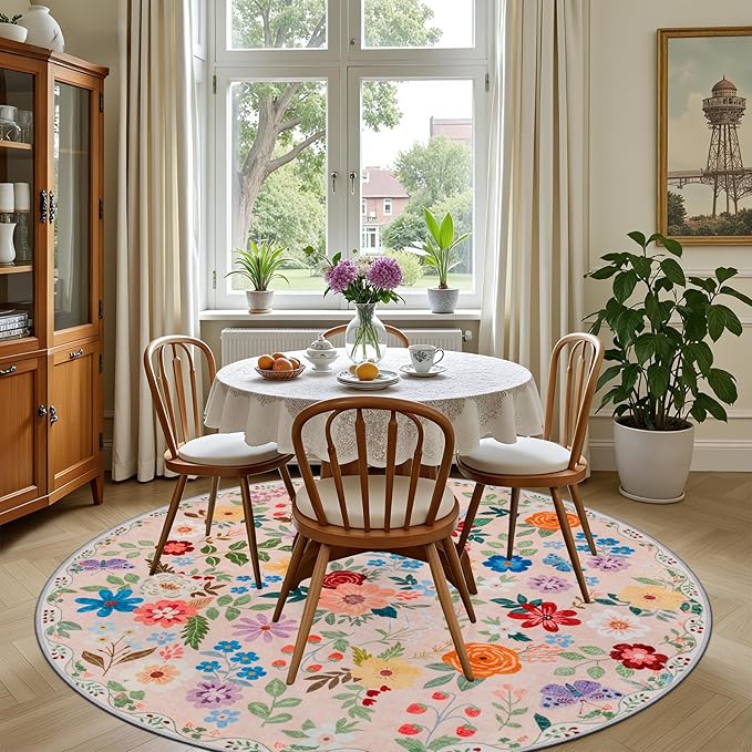 Round Area Rug for Living Room: 6 ft Floral Washable Circle Rug Soft Boho - Image 4