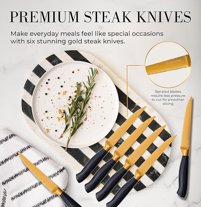 Black and Gold Knife Set with Block and Sharpener – 14-Piece Full Tang Golden - Image 6