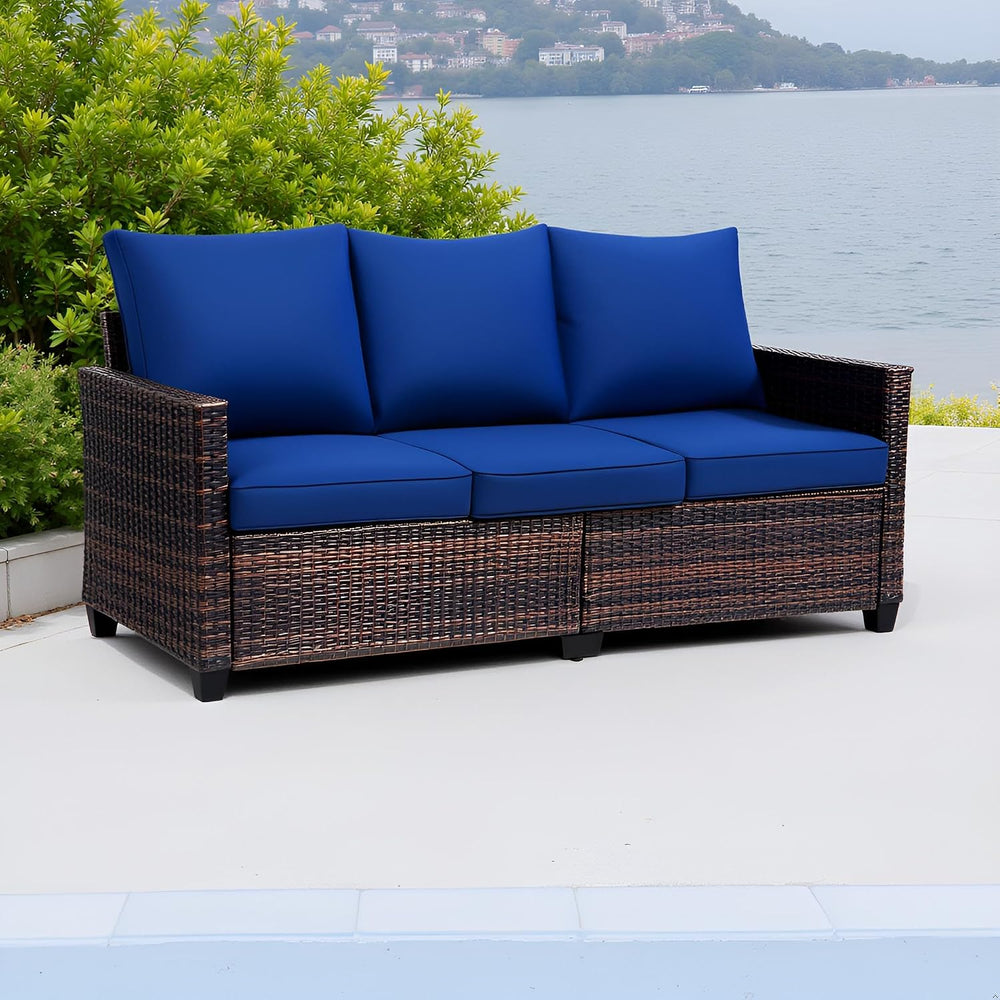 Outdoor Sofa, 3-Seat PE Rattan Couch, Blue