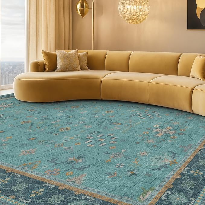 Washable 10x12 Large Teal Teal Boho Living Room Rug by HazoHaus
