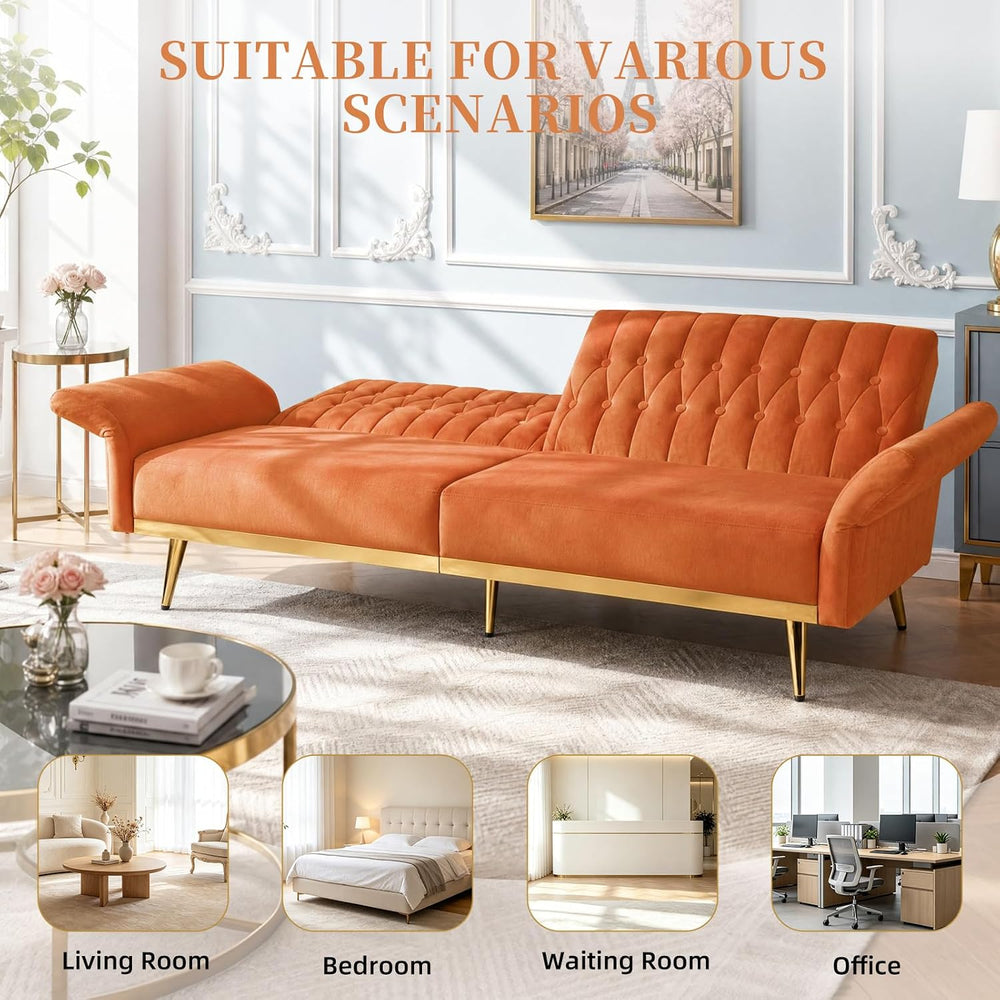 70” Velvet Futon Sofa Bed w/Adjustable Armrests, Orange
