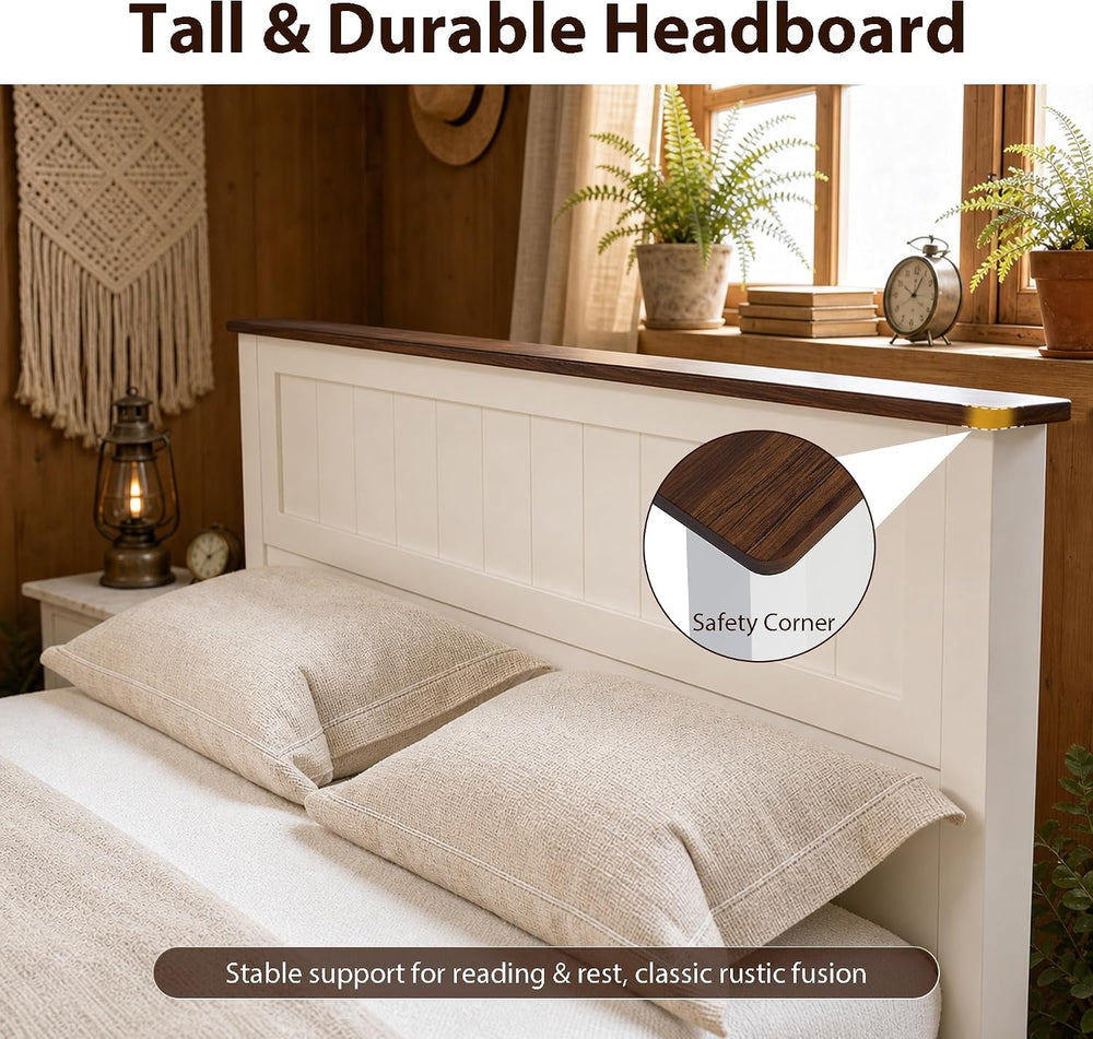 Farmhouse Queen Bed Frame with Headboard and Storage Bench (White)